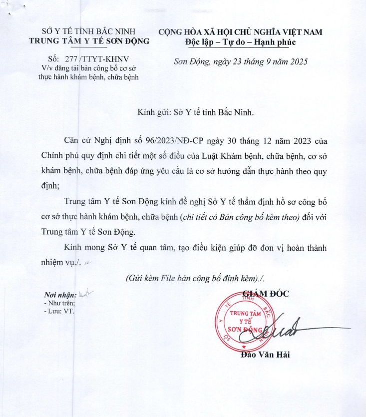 BẢN CÔNG BỐ CƠ SỞ KHÁM BỆNH, CHỮA BỆNH ĐỦ ĐIỀU KIỆN HƯỚNG DẪN THỰC HÀNH