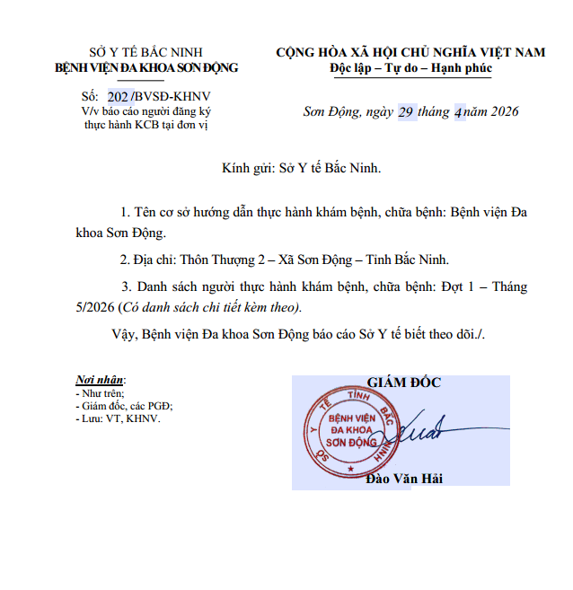 Báo cáo người đăng ký thực hành KCB tại Bệnh viện