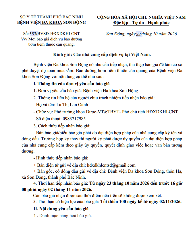 Mời báo giá dịch vụ bảo dưỡng bơm tiêm thuốc cản quang