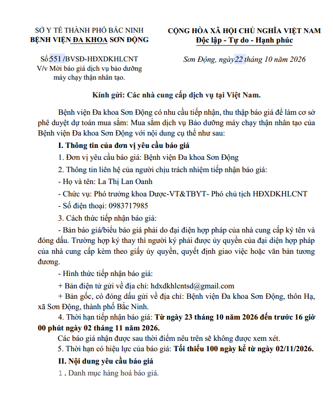 Mời báo giá dịch vụ bảo dưỡng máy chạy thận nhân tạo